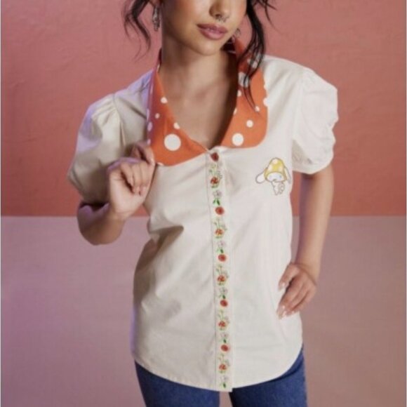 Hot Topic Cinnamoroll Mushroom Button-Up Shirt | Sanrio Puff Sleeve Cottagecore - Picture 1 of 7